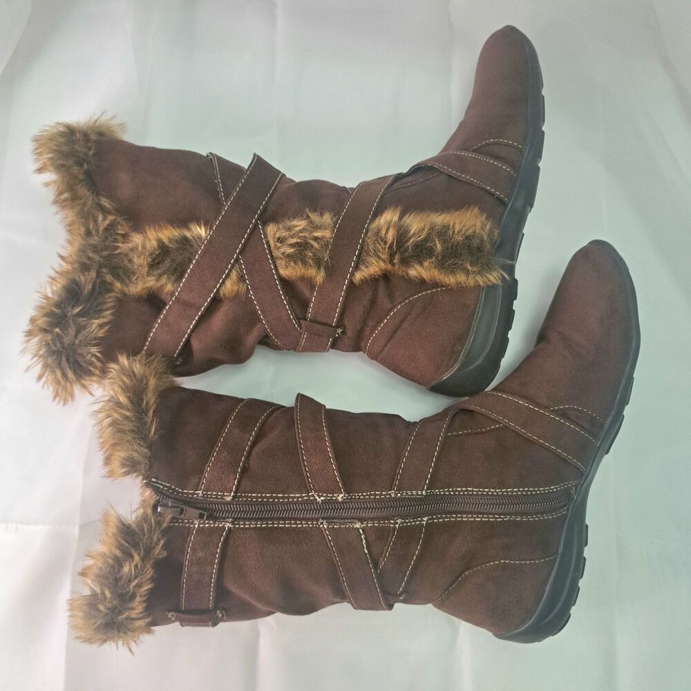 Natural Soul FASANO Brown Faux Fur Lined Mid-Calf Boots Women's 7.5 Zip Strap - Picture 6 of 10